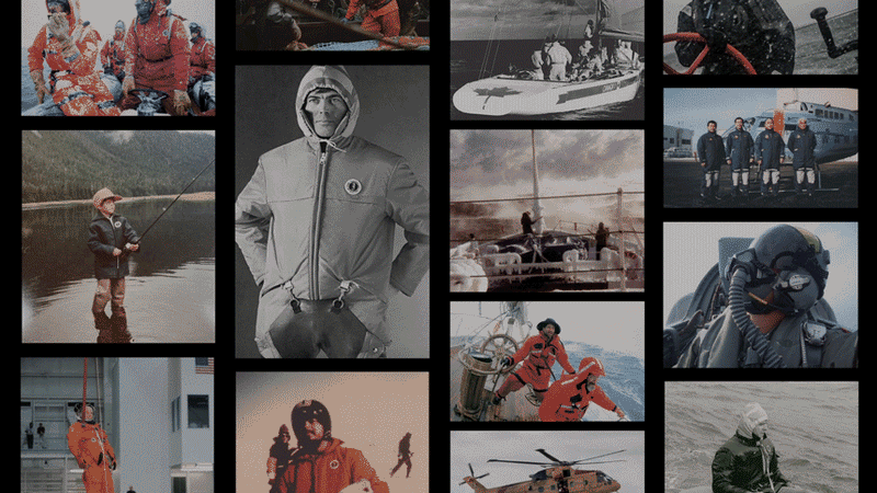 A video collage showcases a montage of archival photos and video clips highlighting historical maritime, rescue, and aviation operations, with personnel wearing survival gear.
