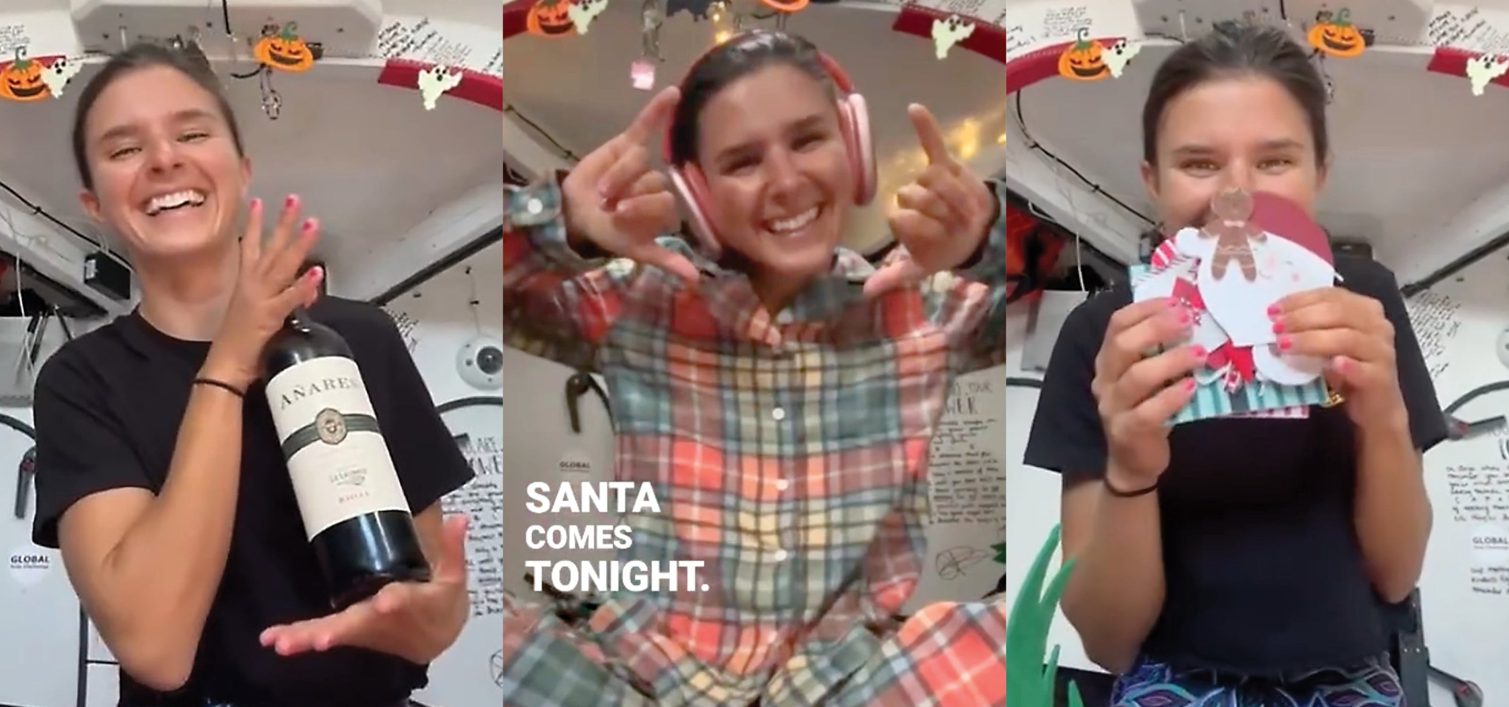 A three-panel image of Cole Brauer smiling, wearing plaid pajamas, and holding Christmas gifts inside First Light.