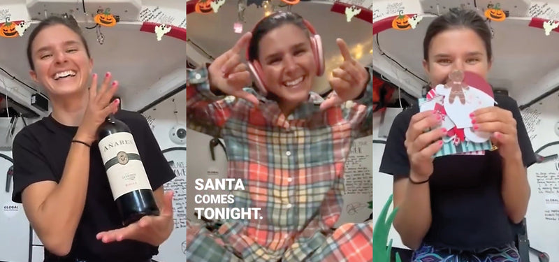 A three-panel image of Cole Brauer smiling, wearing plaid pajamas, and holding Christmas gifts inside First Light.