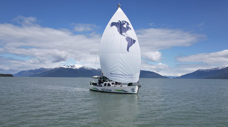 The One Island One Ocean research sailing vessel travels past snowy mountains under a partly cloudy blue sky.